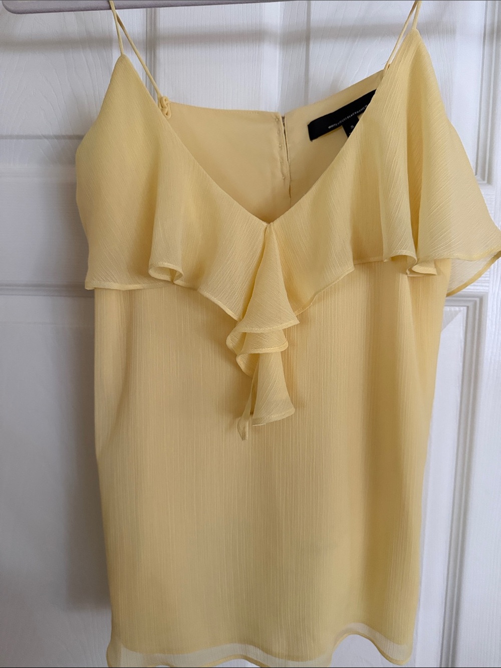 White House Black Market Pale Yellow Ruffle Neck Spaghetti Strap Cami